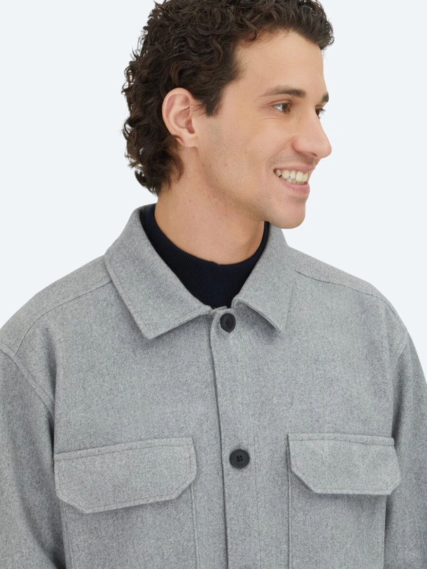 Gri Düz Regular Fit Dokuma Overshırt - 4