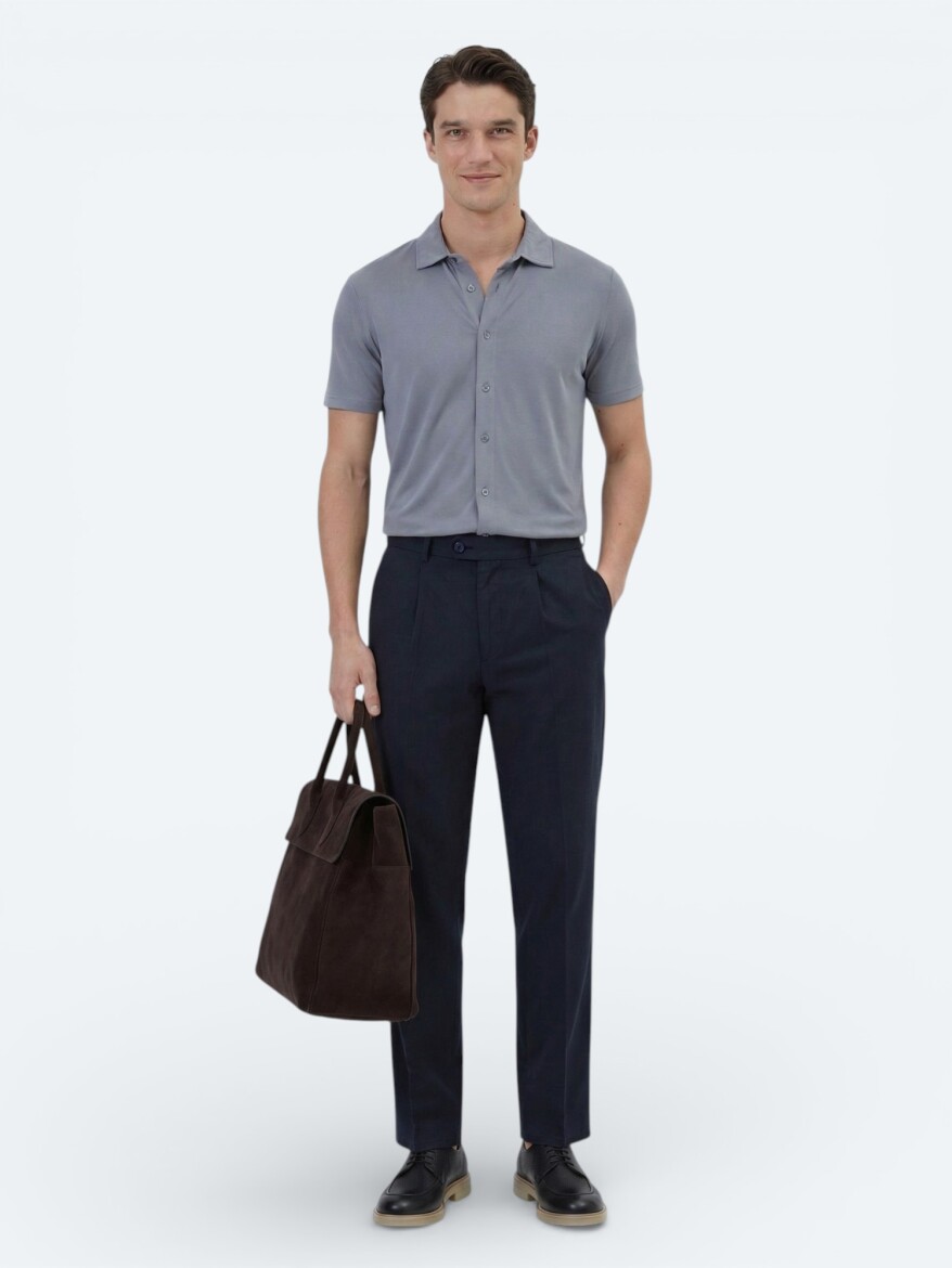 Gri Düz Regular Fit Kısa Casual Gömlek - KİP