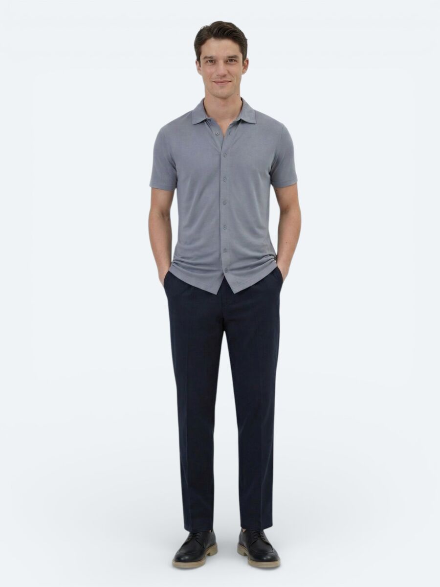 Gri Düz Regular Fit Kısa Casual Gömlek - 4