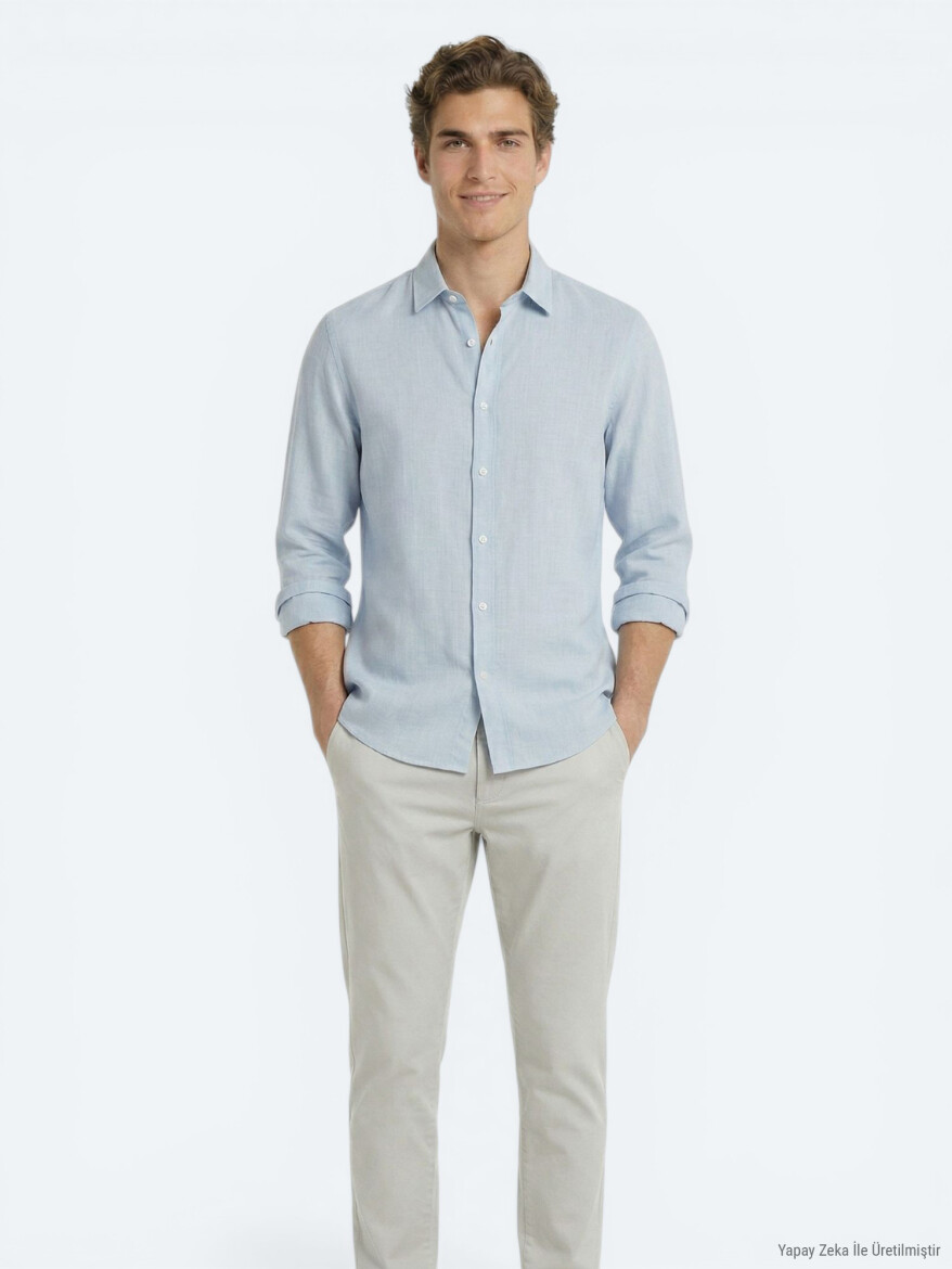 Gri Düz Regular Fit Uzun Dokuma Casual %100 Pamuk Gömlek - 3