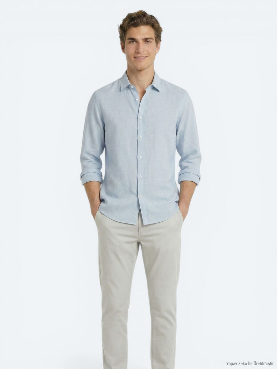 Gri Düz Regular Fit Uzun Dokuma Casual %100 Pamuk Gömlek - 3