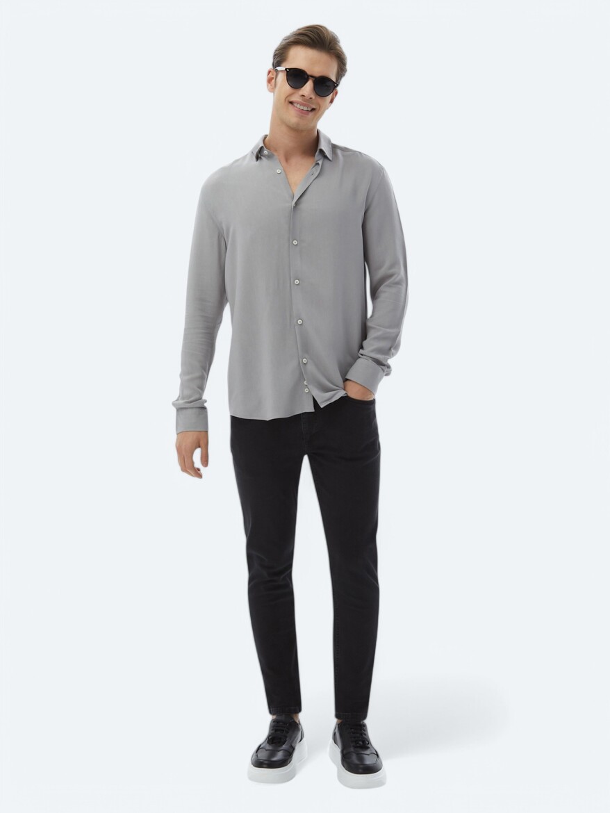 Gri Düz Regular Fit Uzun Dokuma Casual Gömlek - 2
