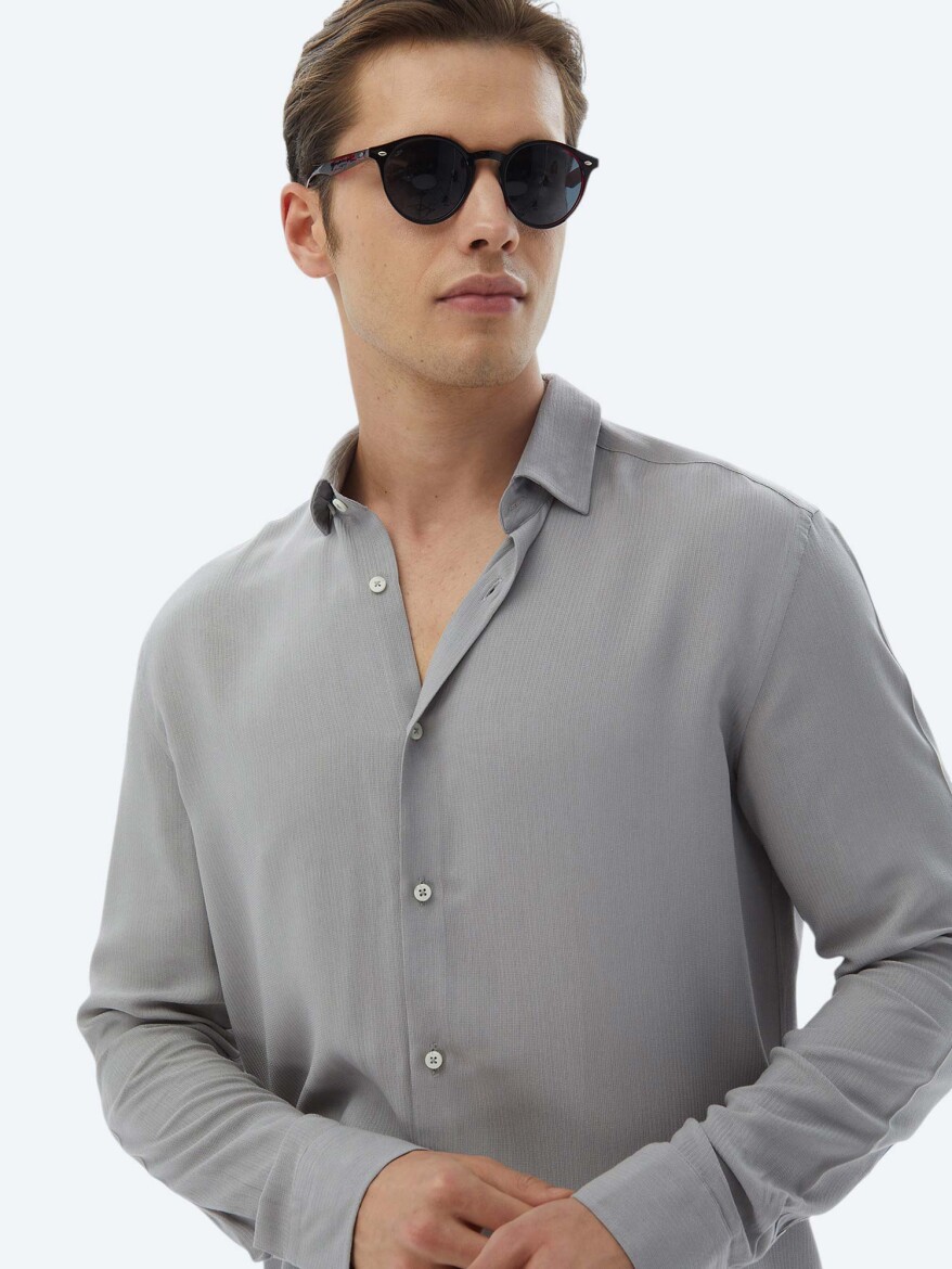 Gri Düz Regular Fit Uzun Dokuma Casual Gömlek - 3