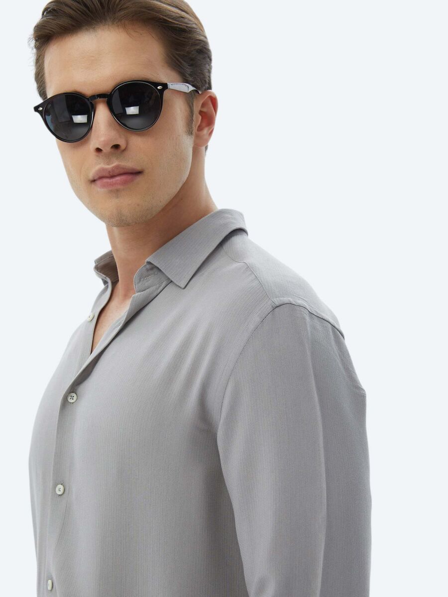 Gri Düz Regular Fit Uzun Dokuma Casual Gömlek - 7