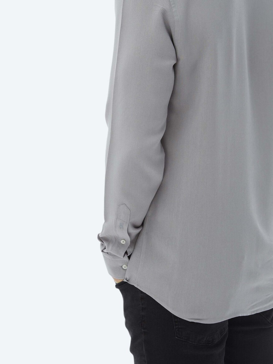 Gri Düz Regular Fit Uzun Dokuma Casual Gömlek - 8