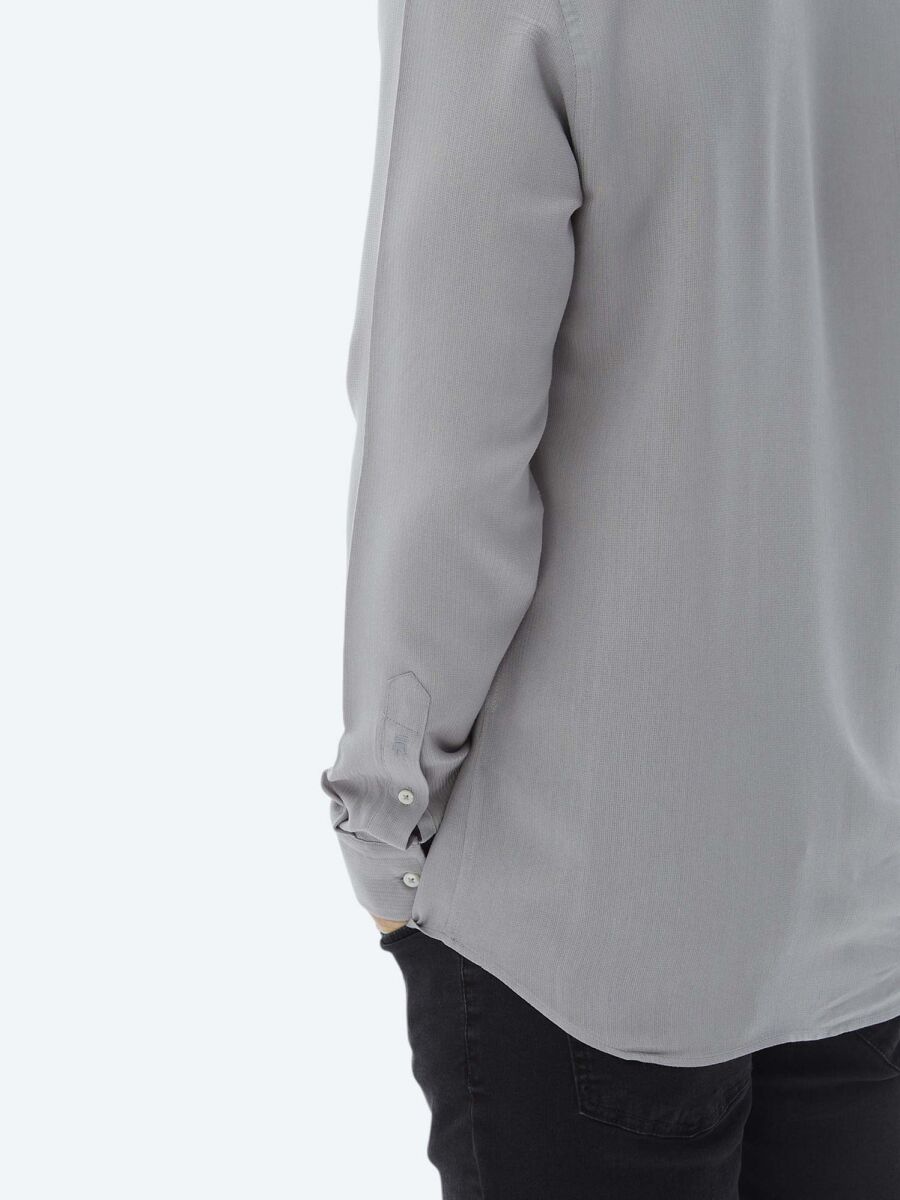 Gri Düz Regular Fit Uzun Dokuma Casual Gömlek - 8