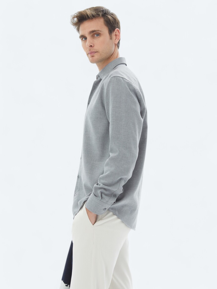Gri Düz Regular Fit Uzun Dokuma Casual Pamuk Karışımlı Gömlek - 4