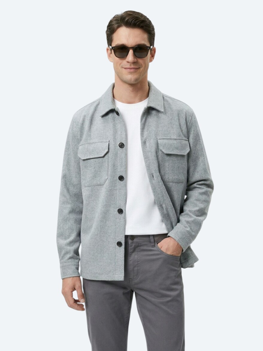 Gri Düz Regular Fit Uzun Dokuma Overshırt - KİP