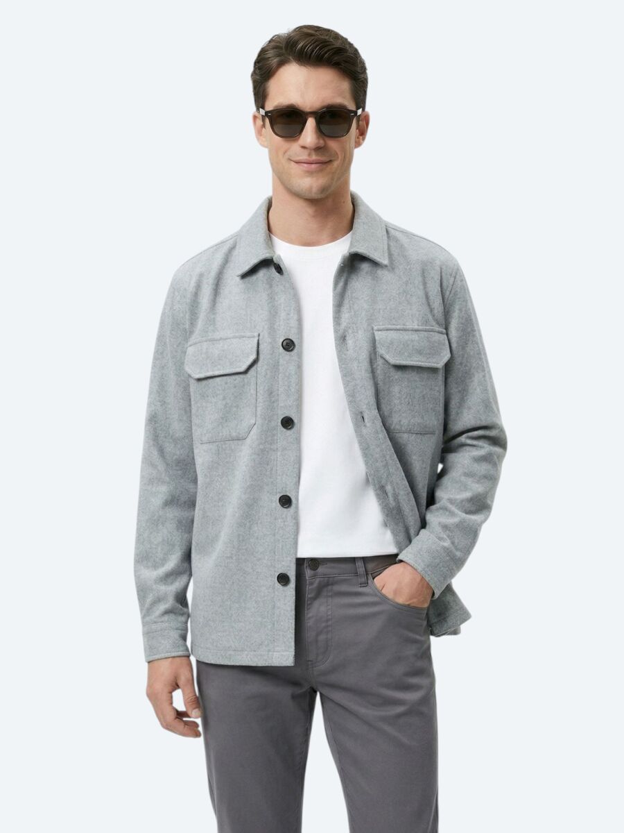 Gri Düz Regular Fit Uzun Dokuma Overshırt - 1