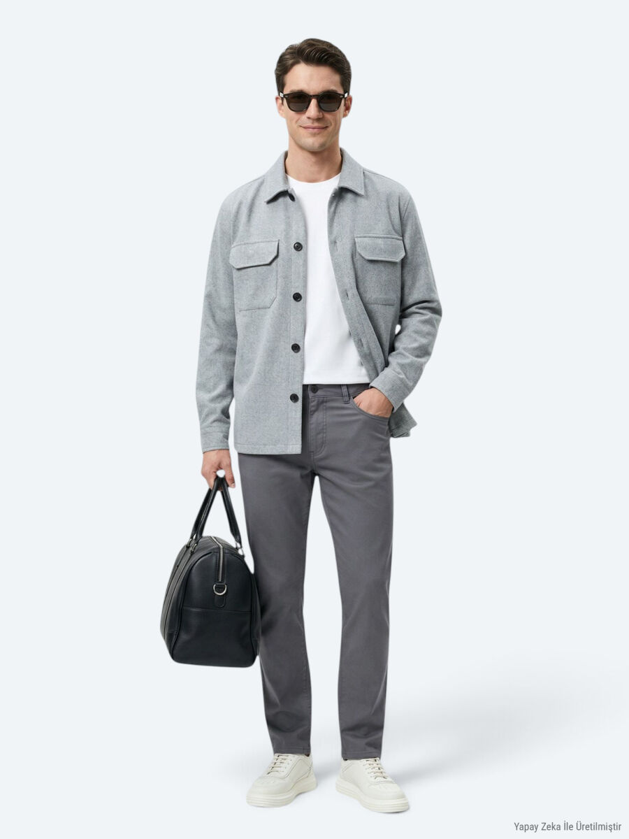 Gri Düz Regular Fit Uzun Dokuma Overshırt - 2