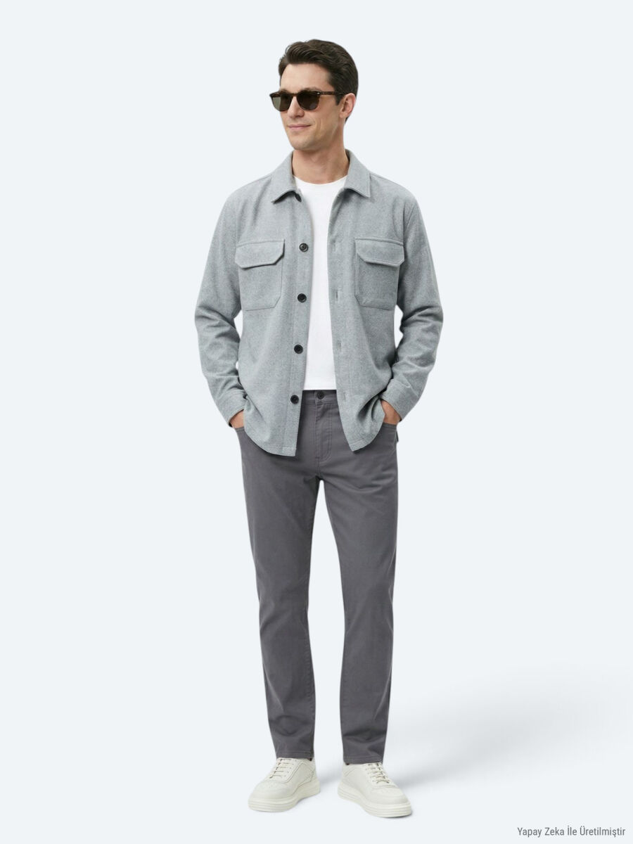 Gri Düz Regular Fit Uzun Dokuma Overshırt - 3