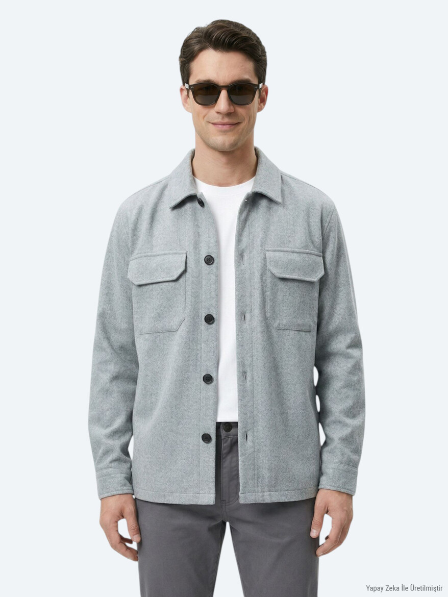 Gri Düz Regular Fit Uzun Dokuma Overshırt - 4