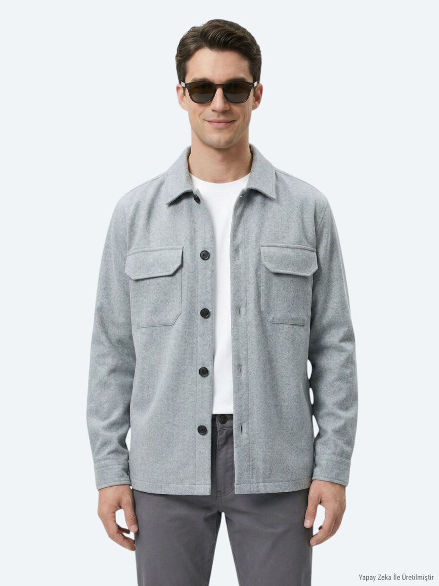 Gri Düz Regular Fit Uzun Dokuma Overshırt - 4