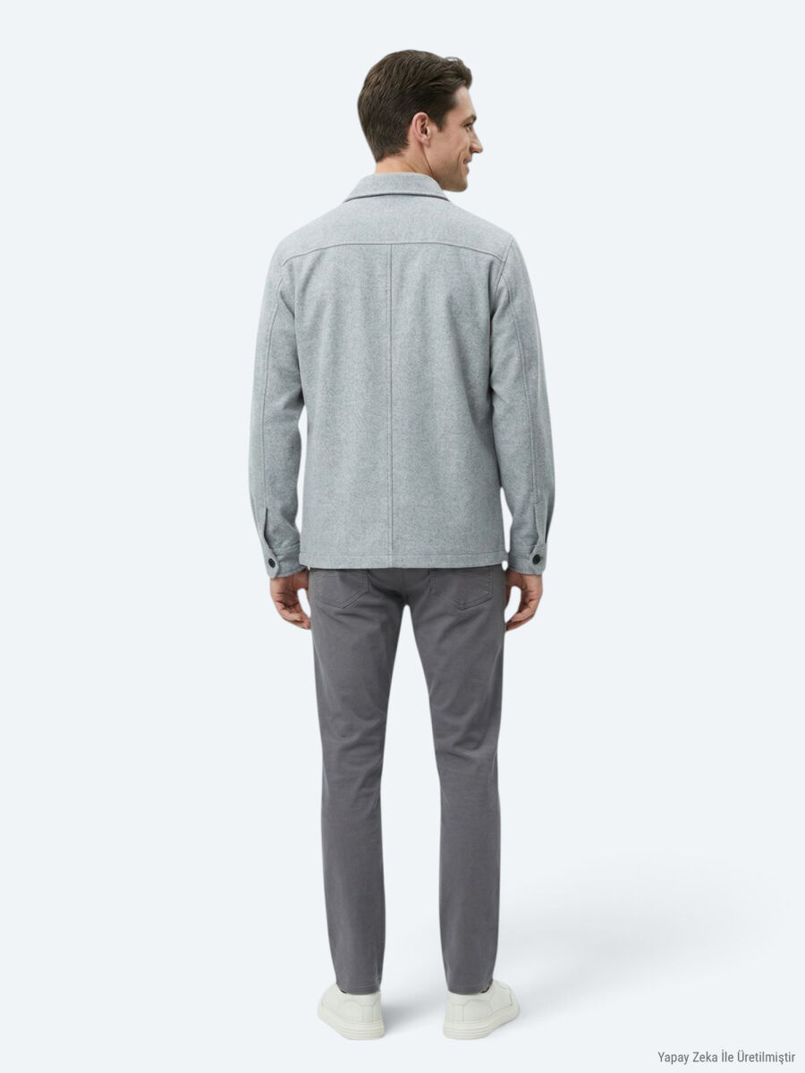Gri Düz Regular Fit Uzun Dokuma Overshırt - 5