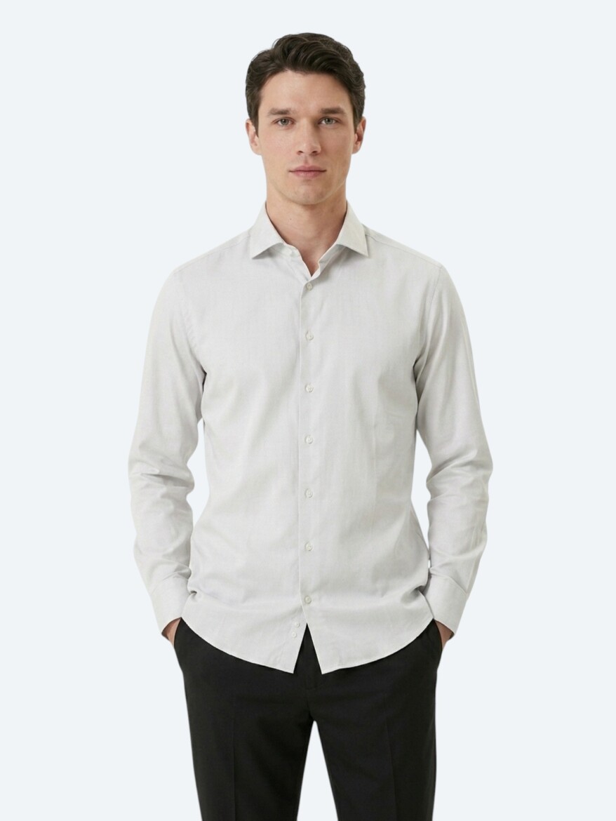 Gri Düz Slim Fit Uzun Dokuma Klasik %100 Pamuk Gömlek - 3