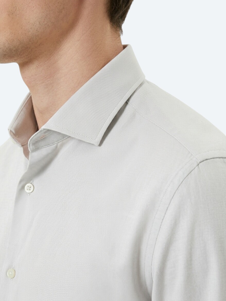 Gri Düz Slim Fit Uzun Dokuma Klasik %100 Pamuk Gömlek - 4