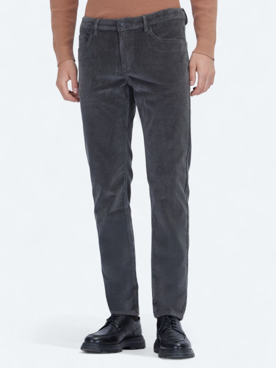 Gri Fitilli Dokuma Slim Fit Kadife Casual Pamuk Karışımlı Pantolon - 2