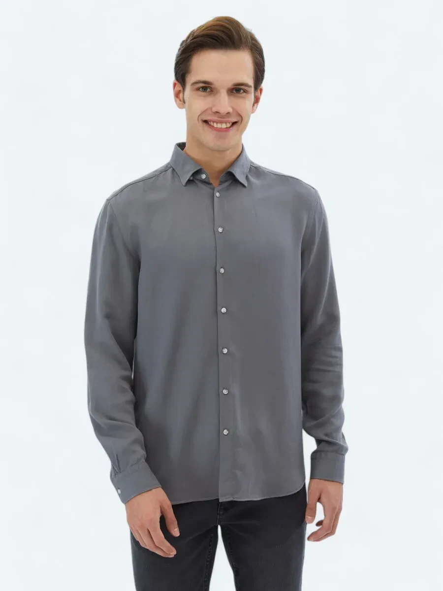 Gri Fitilli Regular Fit Dokuma Casual Gömlek - 1