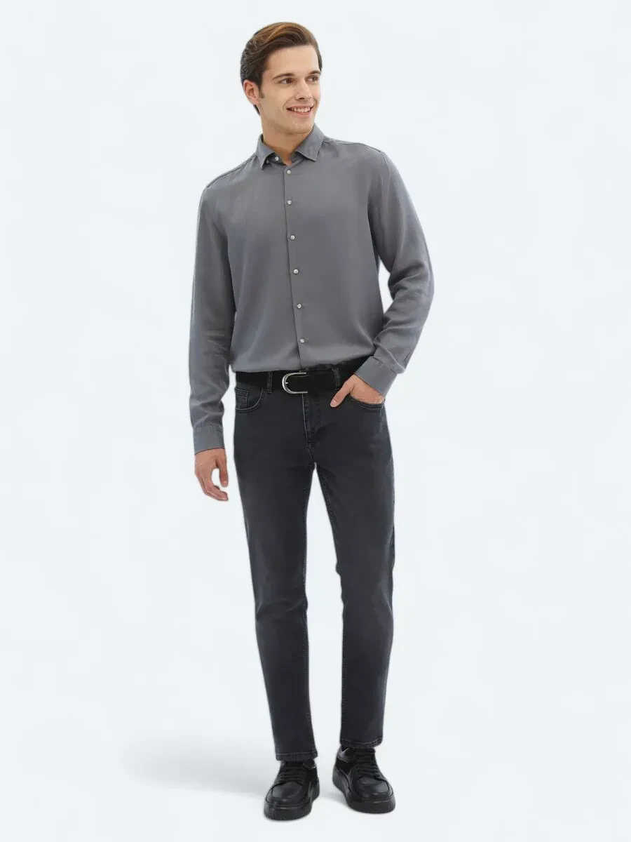 Gri Fitilli Regular Fit Dokuma Casual Gömlek - 2