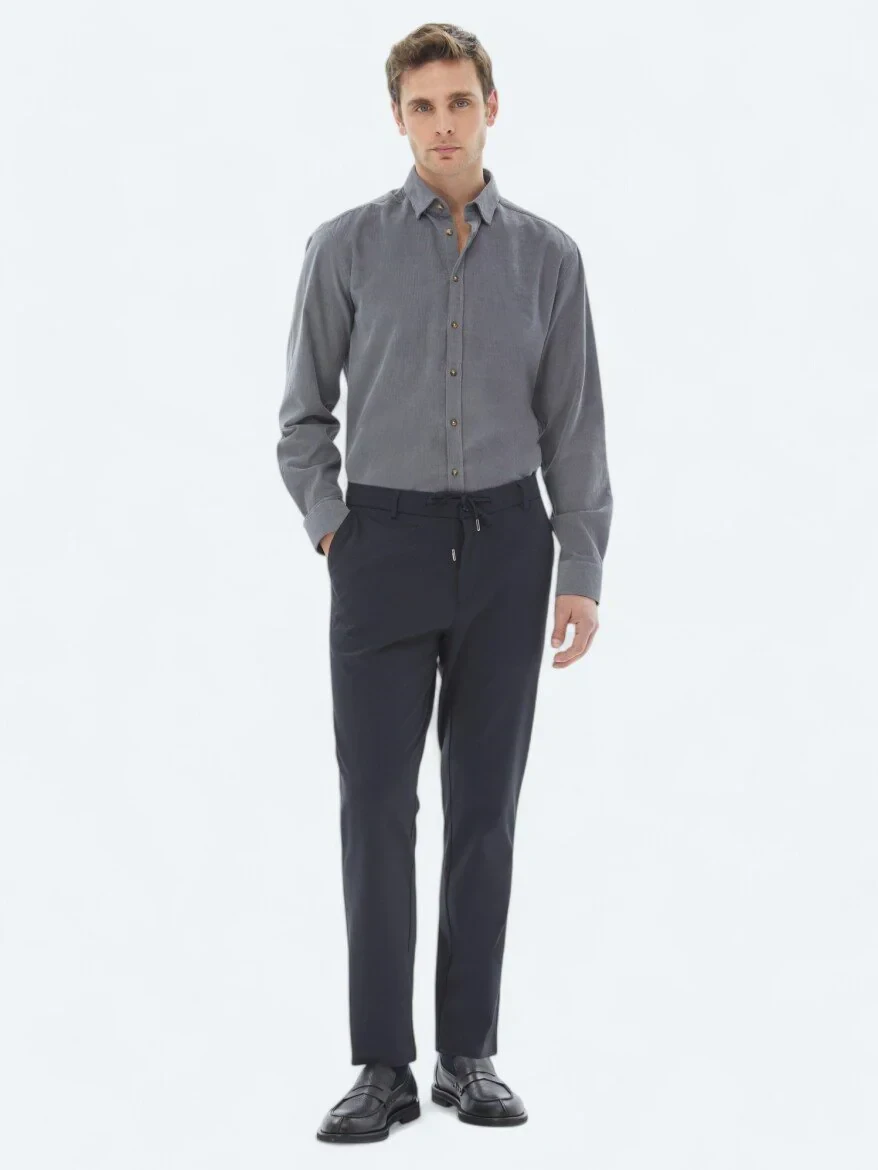 Gri Fitilli Regular Fit Dokuma Kadife Casual %100 Pamuk Gömlek - 3
