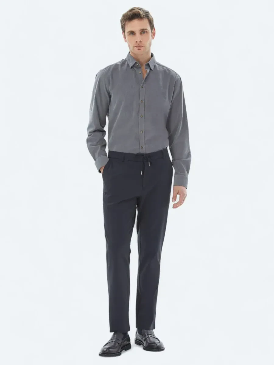 Gri Fitilli Regular Fit Dokuma Kadife Casual %100 Pamuk Gömlek - 3