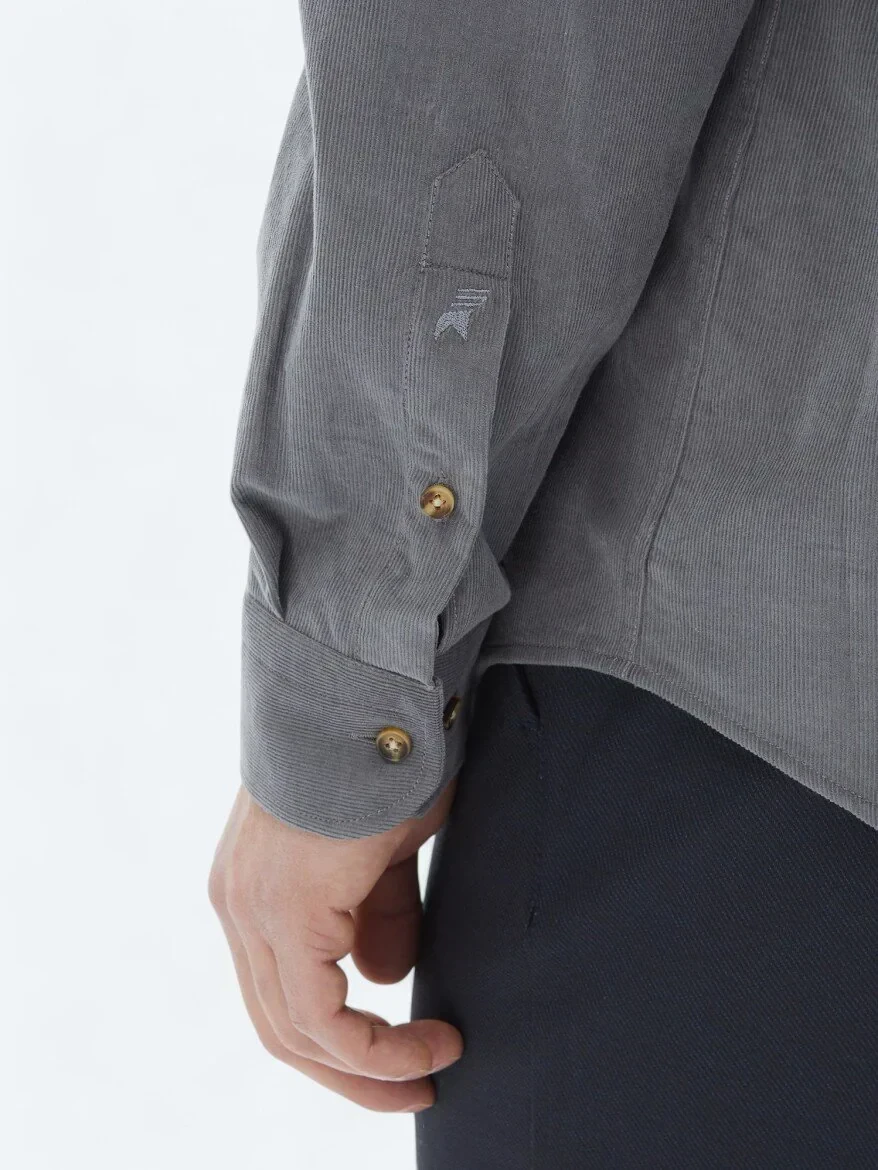 Gri Fitilli Regular Fit Dokuma Kadife Casual %100 Pamuk Gömlek - 5