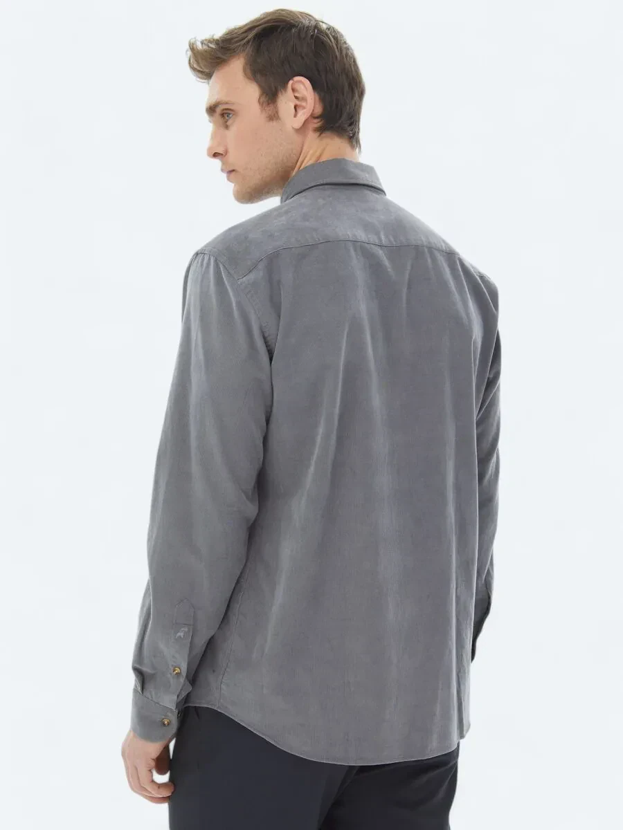 Gri Fitilli Regular Fit Dokuma Kadife Casual %100 Pamuk Gömlek - 6