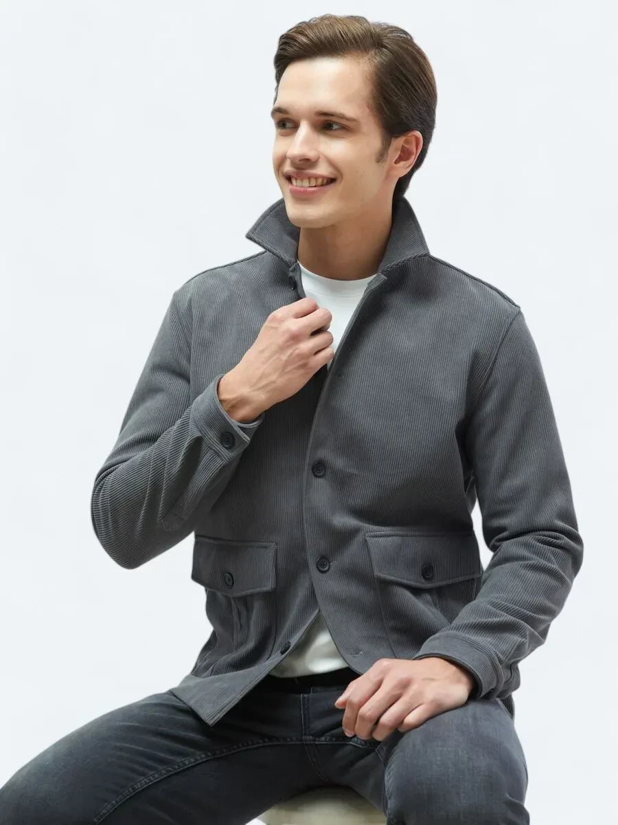 Gri Fitilli Regular Fit Dokuma Kadife Overshırt - 1