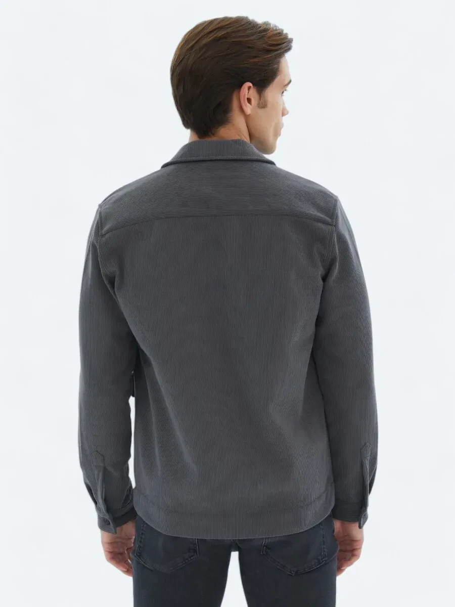 Gri Fitilli Regular Fit Dokuma Kadife Overshırt - 7