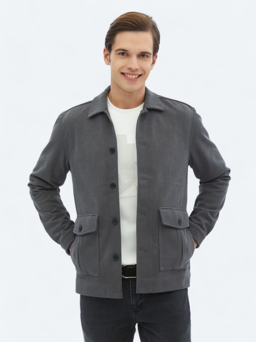 Gri Fitilli Regular Fit Dokuma Kadife Overshırt - 2