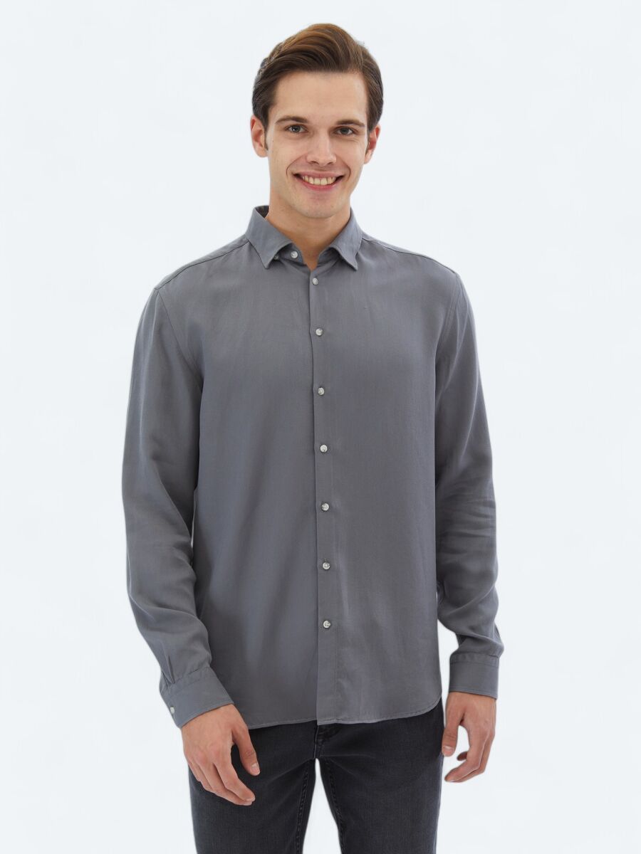 Gri Fitilli Regular Fit Uzun Dokuma Casual Gömlek - 1