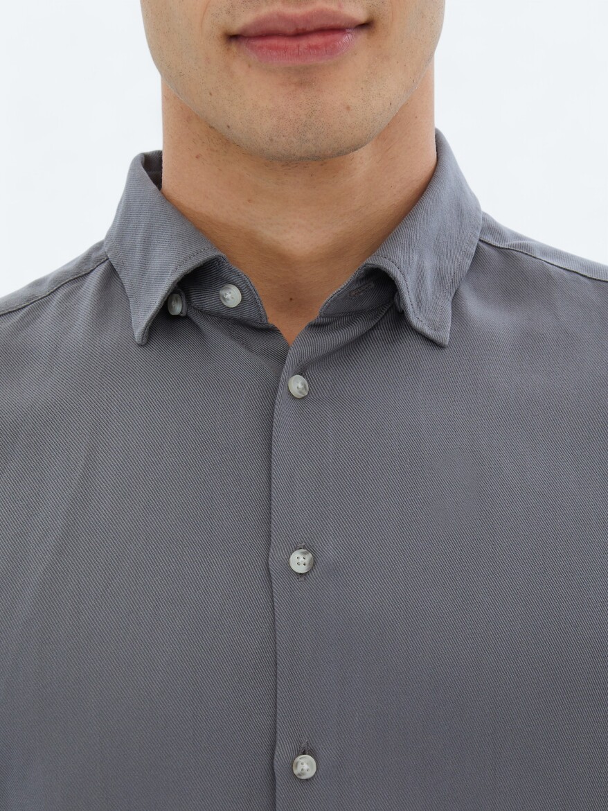 Gri Fitilli Regular Fit Uzun Dokuma Casual Gömlek - 4