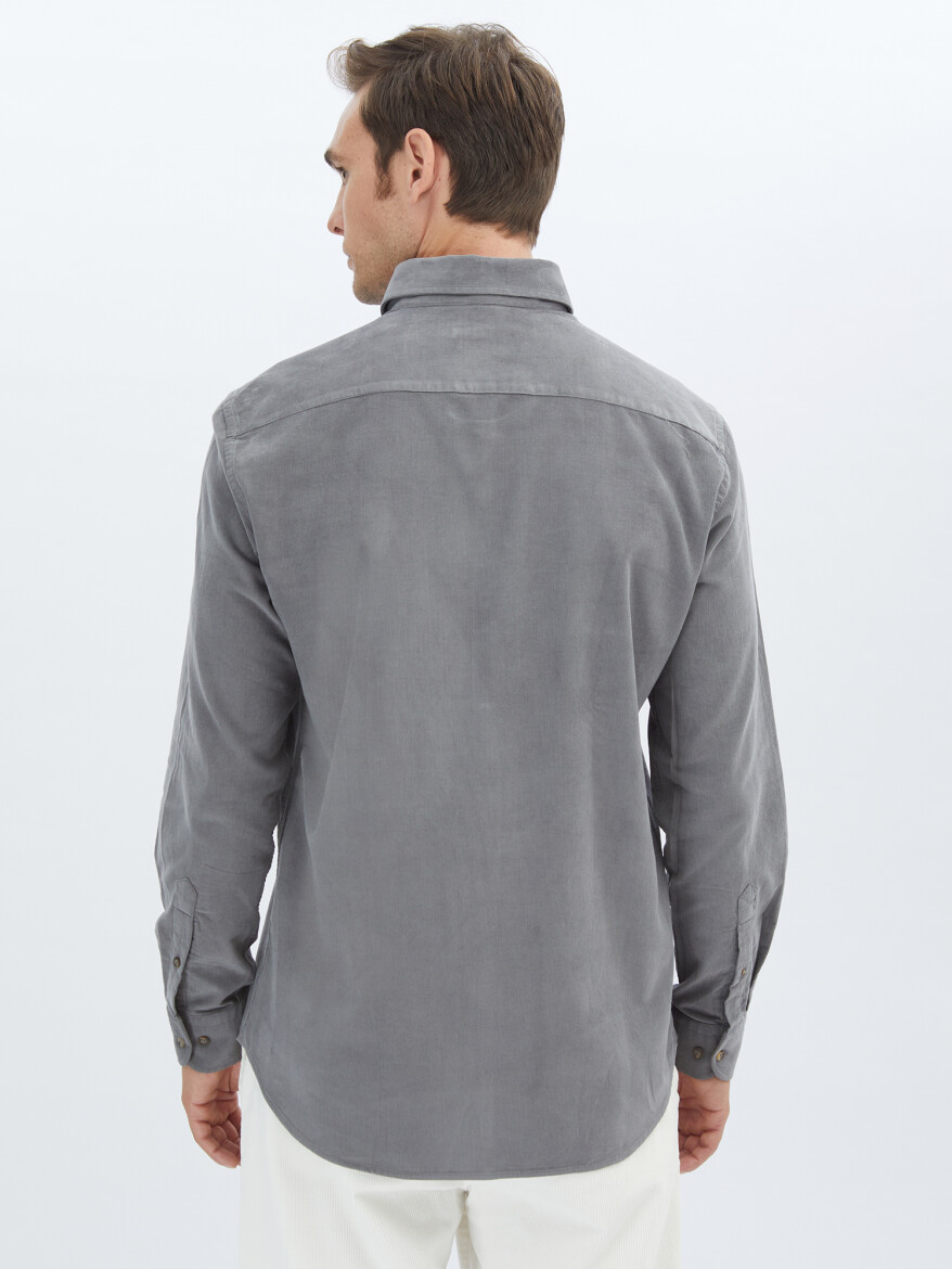 Gri Fitilli Regular Fit Uzun Dokuma Kadife Casual %100 Pamuk Gömlek - 5