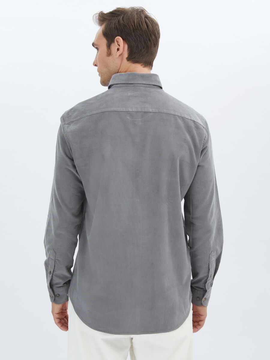 Gri Fitilli Regular Fit Uzun Dokuma Kadife Casual %100 Pamuk Gömlek - 5