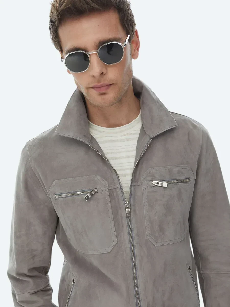 Gri Gömlek Yaka Smart Casual Deri Mont - 1