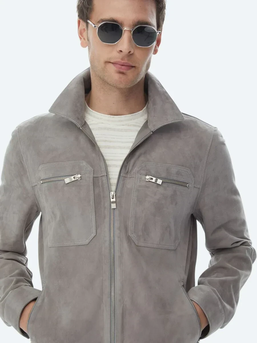 Gri Gömlek Yaka Smart Casual Deri Mont - 2