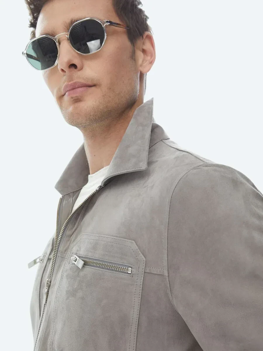 Gri Gömlek Yaka Smart Casual Deri Mont - 3