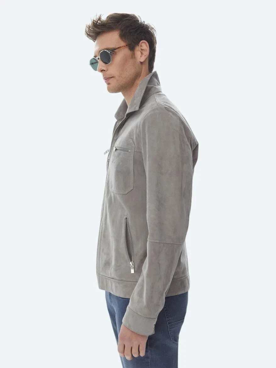Gri Gömlek Yaka Smart Casual Deri Mont - 5