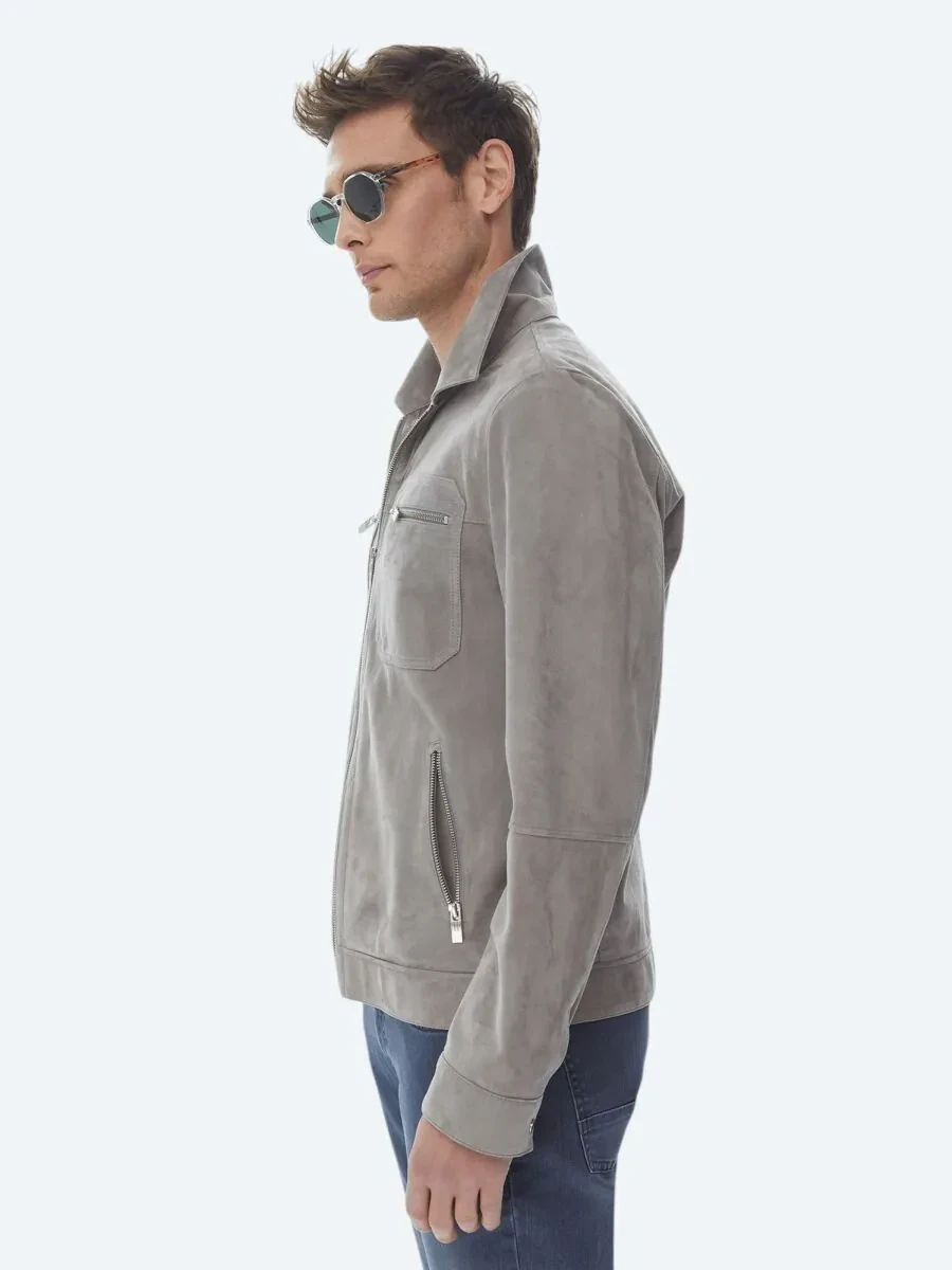 Gri Gömlek Yaka Smart Casual Deri Mont - 5