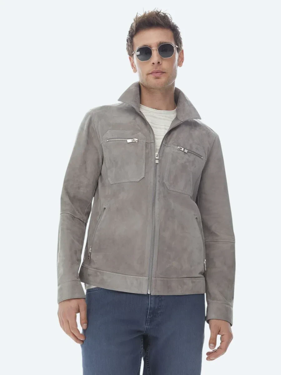Gri Gömlek Yaka Smart Casual Deri Mont - 6