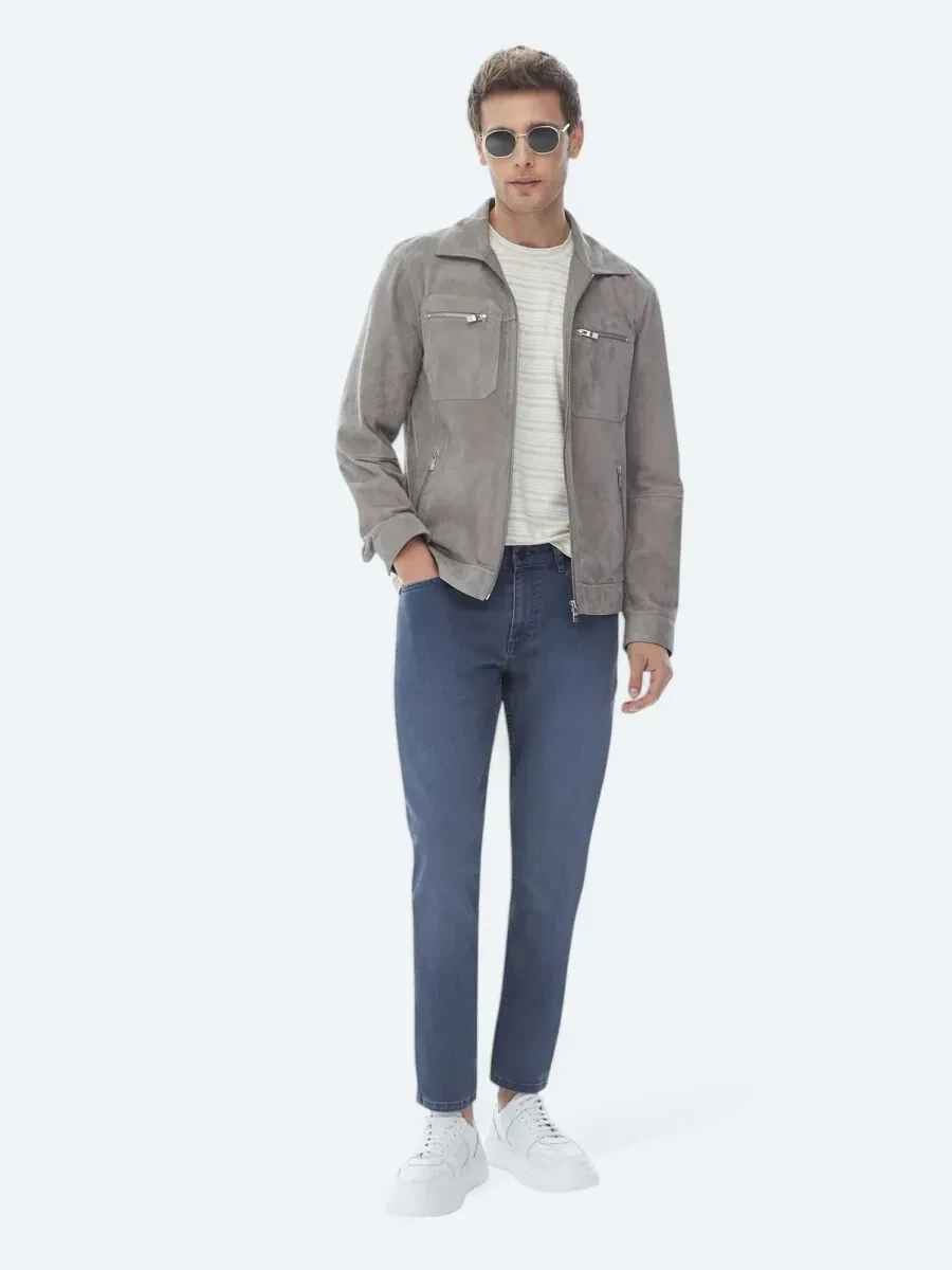 Gri Gömlek Yaka Smart Casual Deri Mont - 7