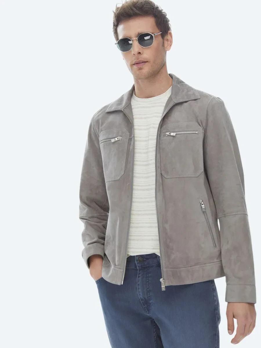 Gri Gömlek Yaka Smart Casual Deri Mont - 8