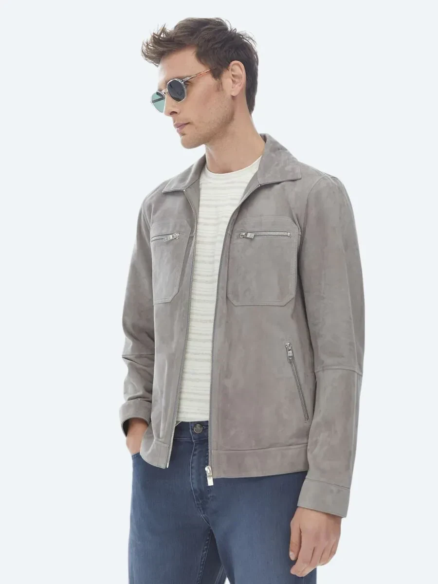 Gri Gömlek Yaka Smart Casual Deri Mont - 10