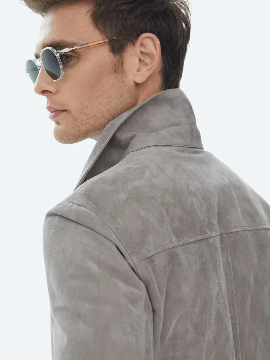 Gri Gömlek Yaka Smart Casual Deri Mont - 11