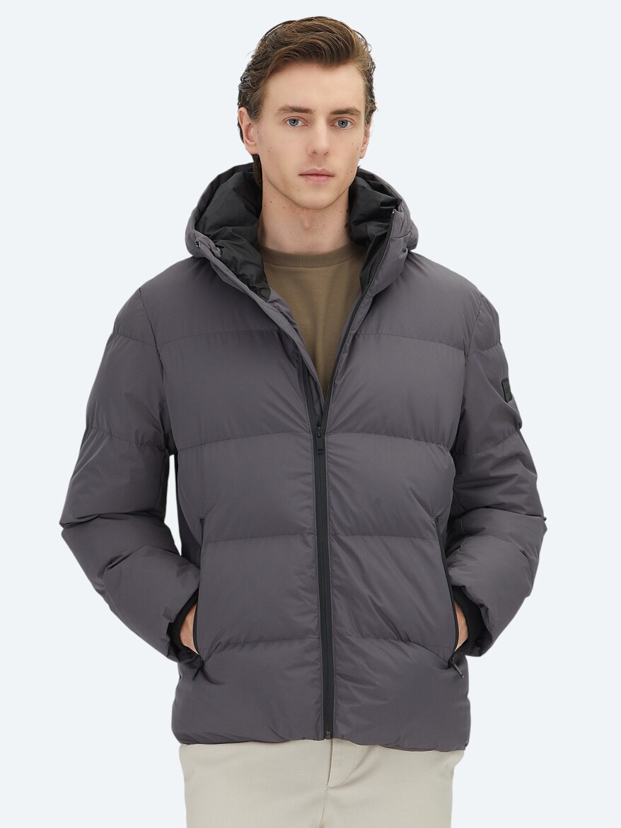 Gri Kapüşonlu Casual Dokuma Kaban - KİP