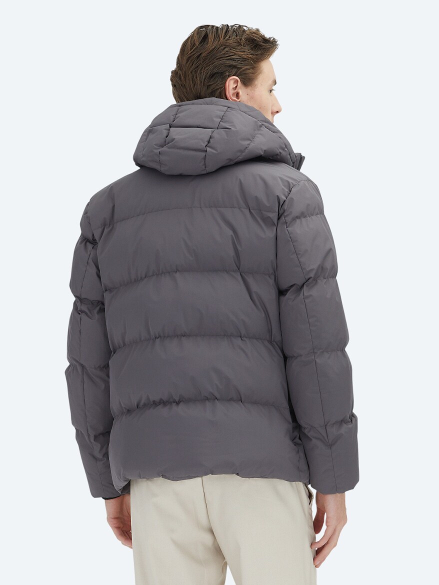 Gri Kapüşonlu Casual Dokuma Kaban - 5