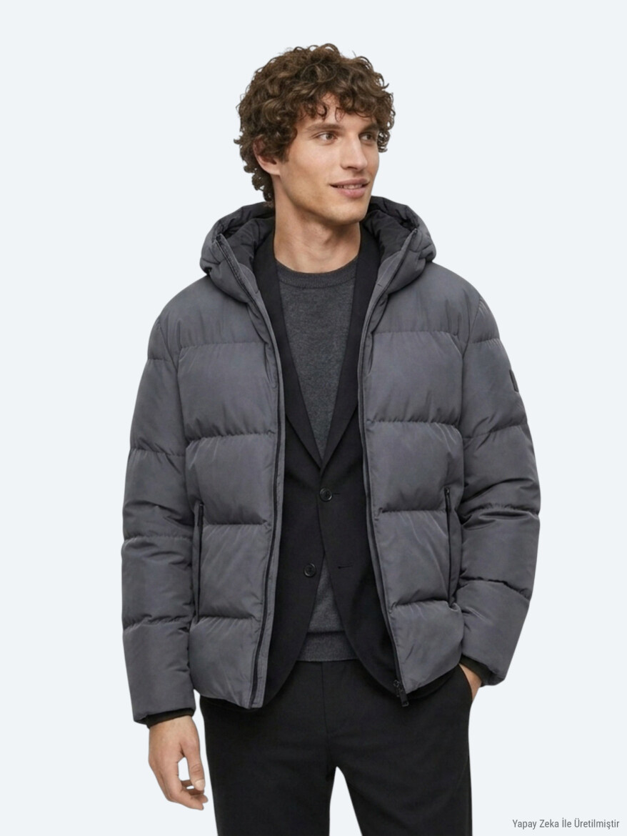 Gri Kapüşonlu Casual Dokuma Kaban - KİP