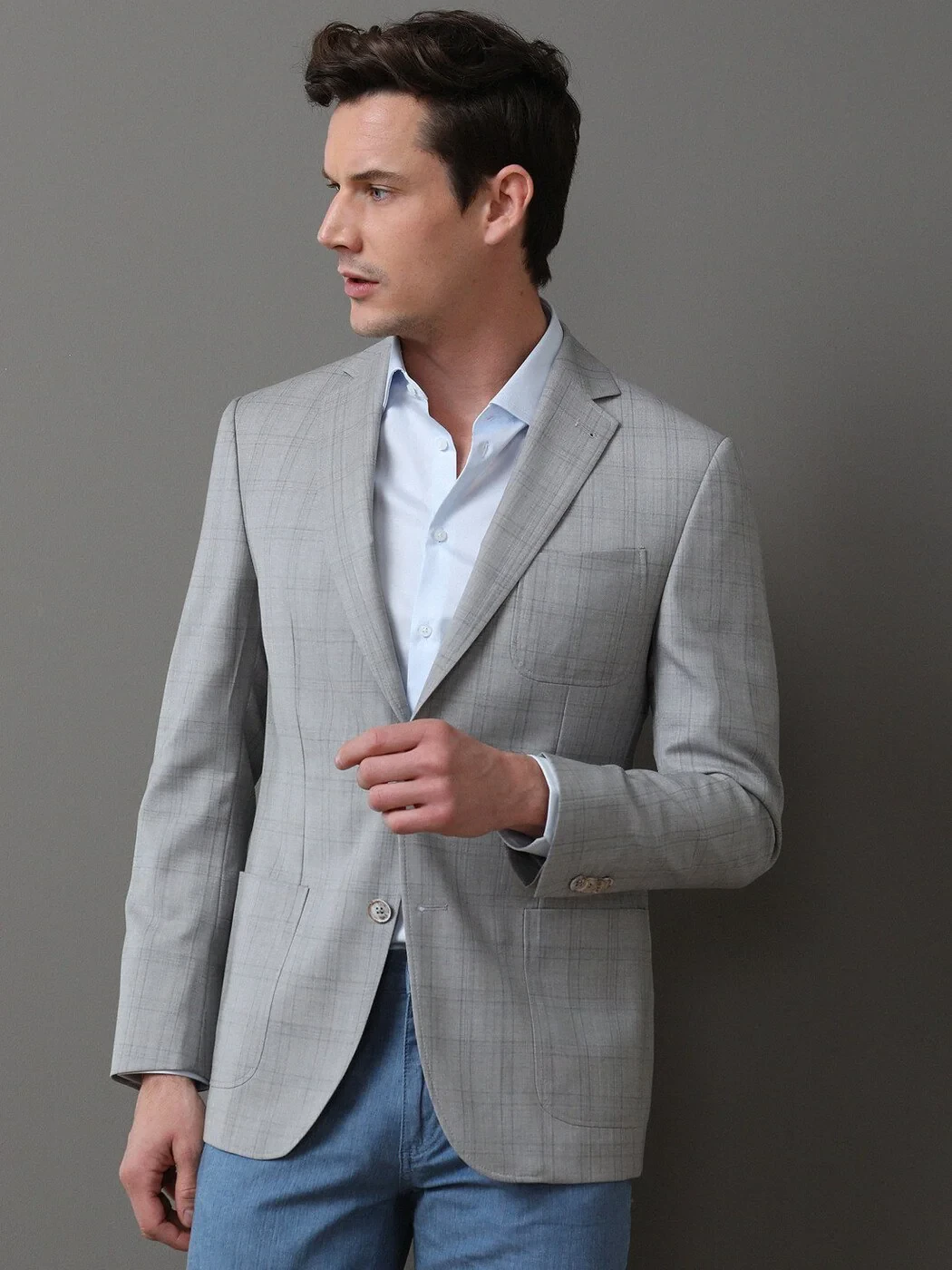 Gri Kareli Modern Fit %100 Yün Ceket - 2