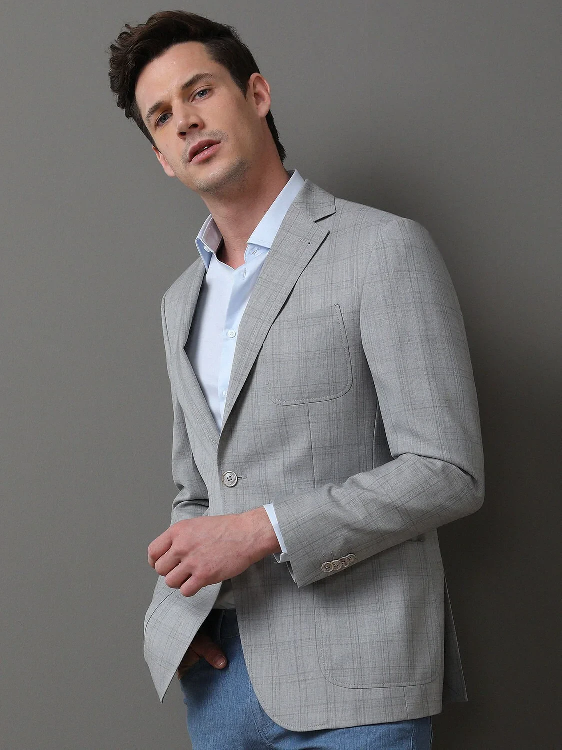 Gri Kareli Modern Fit %100 Yün Ceket - 3