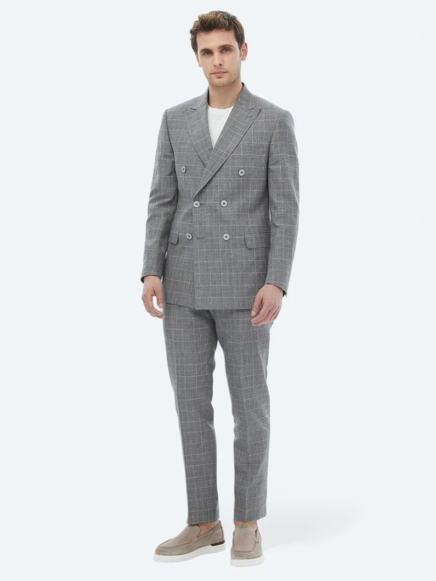 Gri Kareli Slim Fit Pamuk Karışımlı Takım Elbise - 6